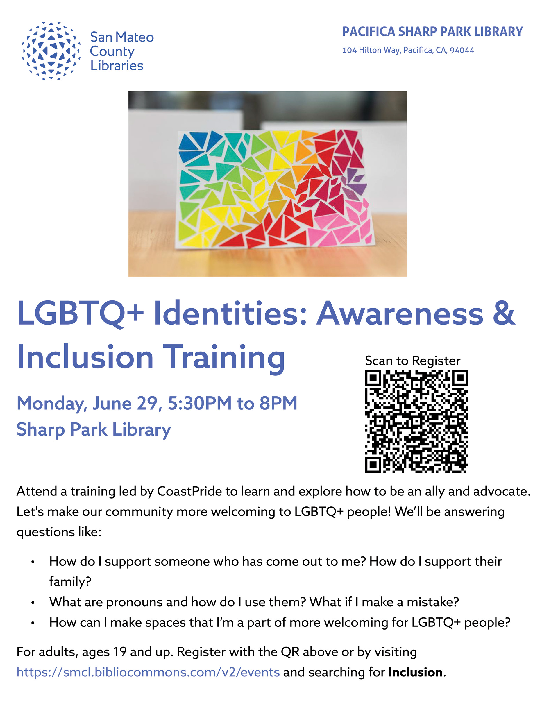 AGIE training flyer features a mosaic in rainbow colors