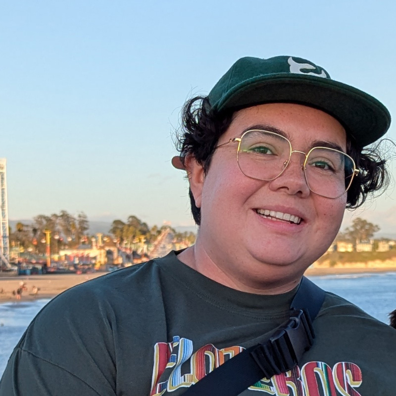 mimir has curly short hair, glasses, and is wearing a ballcap and tshirt, standing on a beach.
