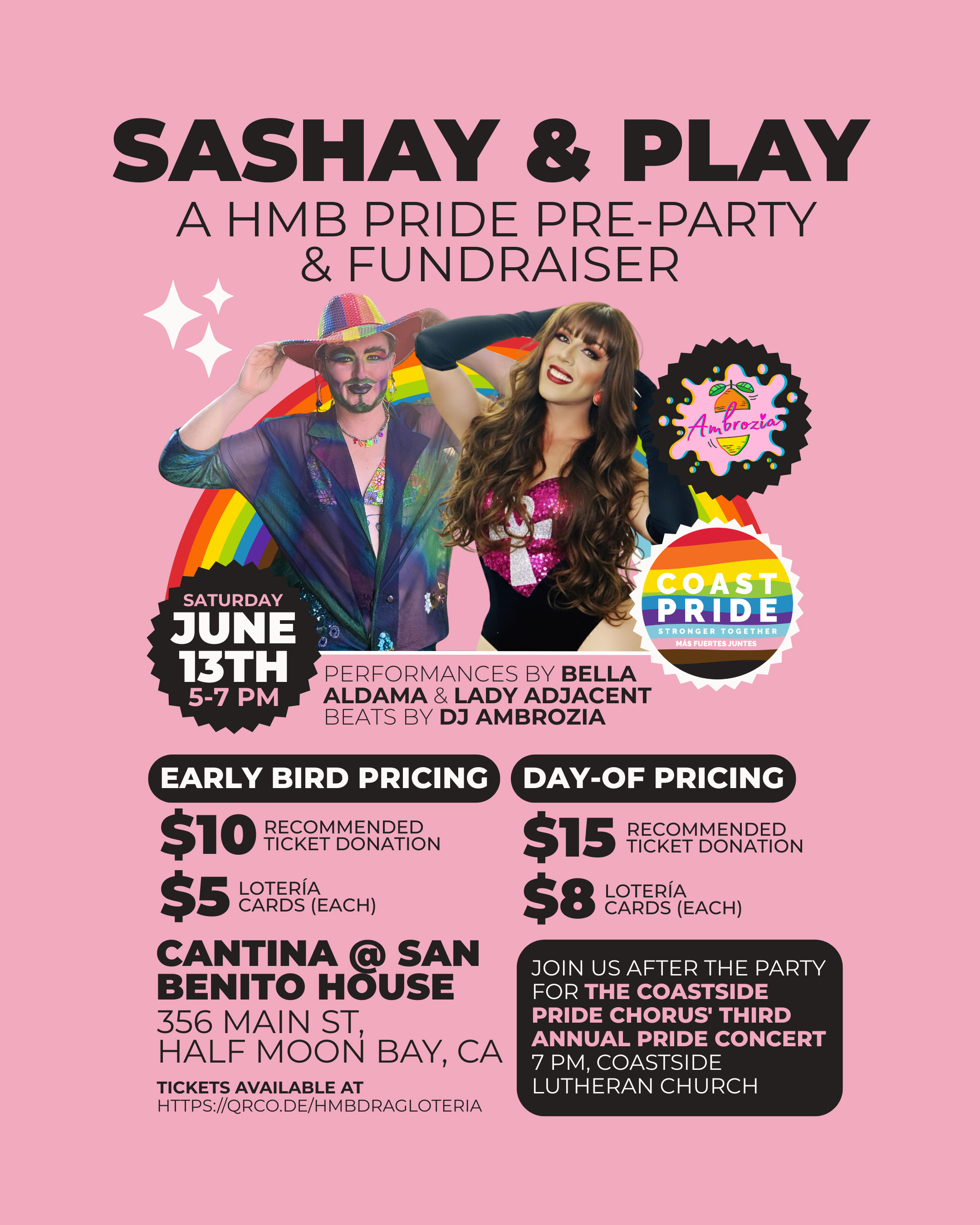 pink graphic advertising pre-party and fundraiser on june 13, 5-7 pm at san benito house cantina. more details below.