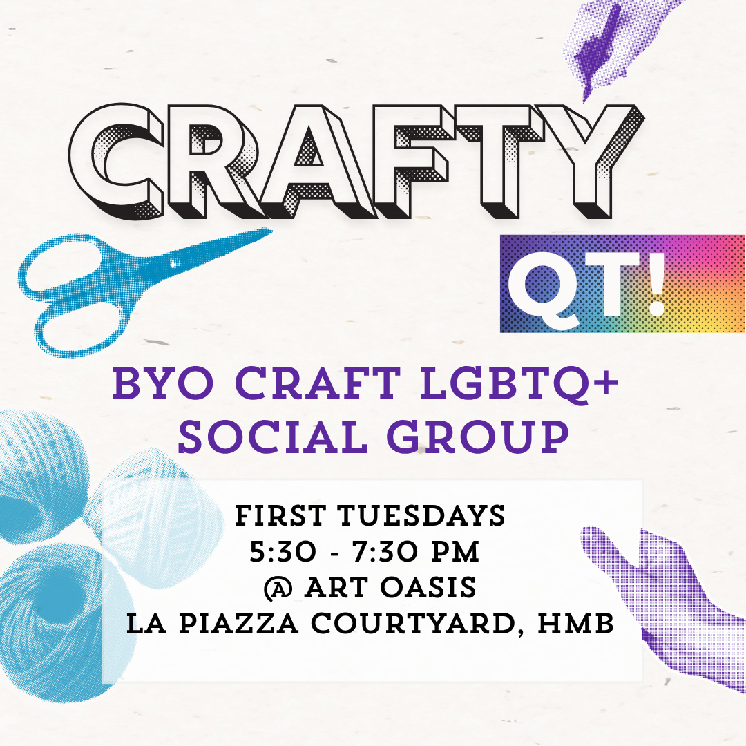 graphic showing scissors, yarn, a hand, and group info