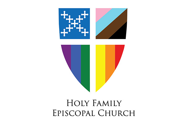 shiels shape divided in four sections, with crosses in upper left field and pride flag stripes in the other three